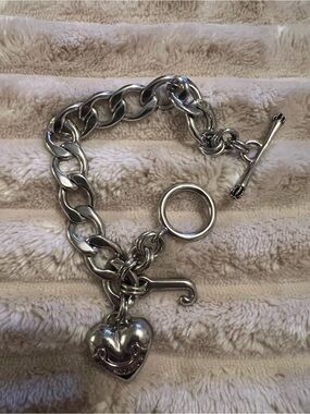 Vintage Juicy Couture Sterling Silver Heart Charm Toggle Bracelet - Silver